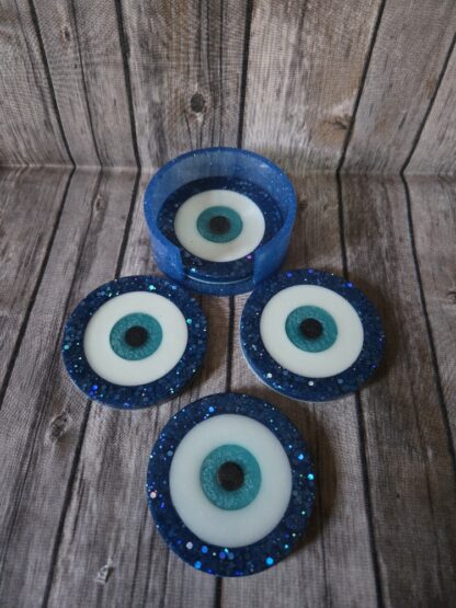 blue evil eye coasters with holder