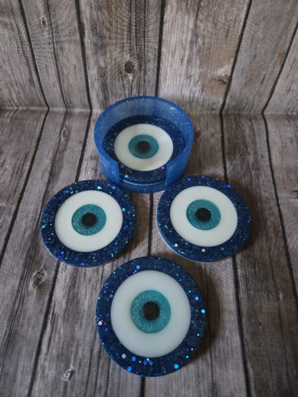 blue evil eye coasters with holder
